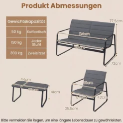 Gartenmöbel Set mit 2 Stühlen & Bank & Tisch & Kissen Outdoor Lounge Möbel Sitzgruppe Grau