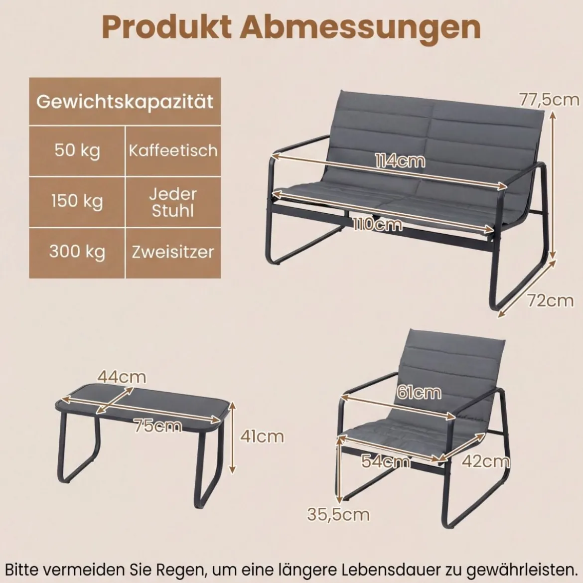 Gartenmöbel Set mit 2 Stühlen & Bank & Tisch & Kissen Outdoor Lounge Möbel Sitzgruppe Grau