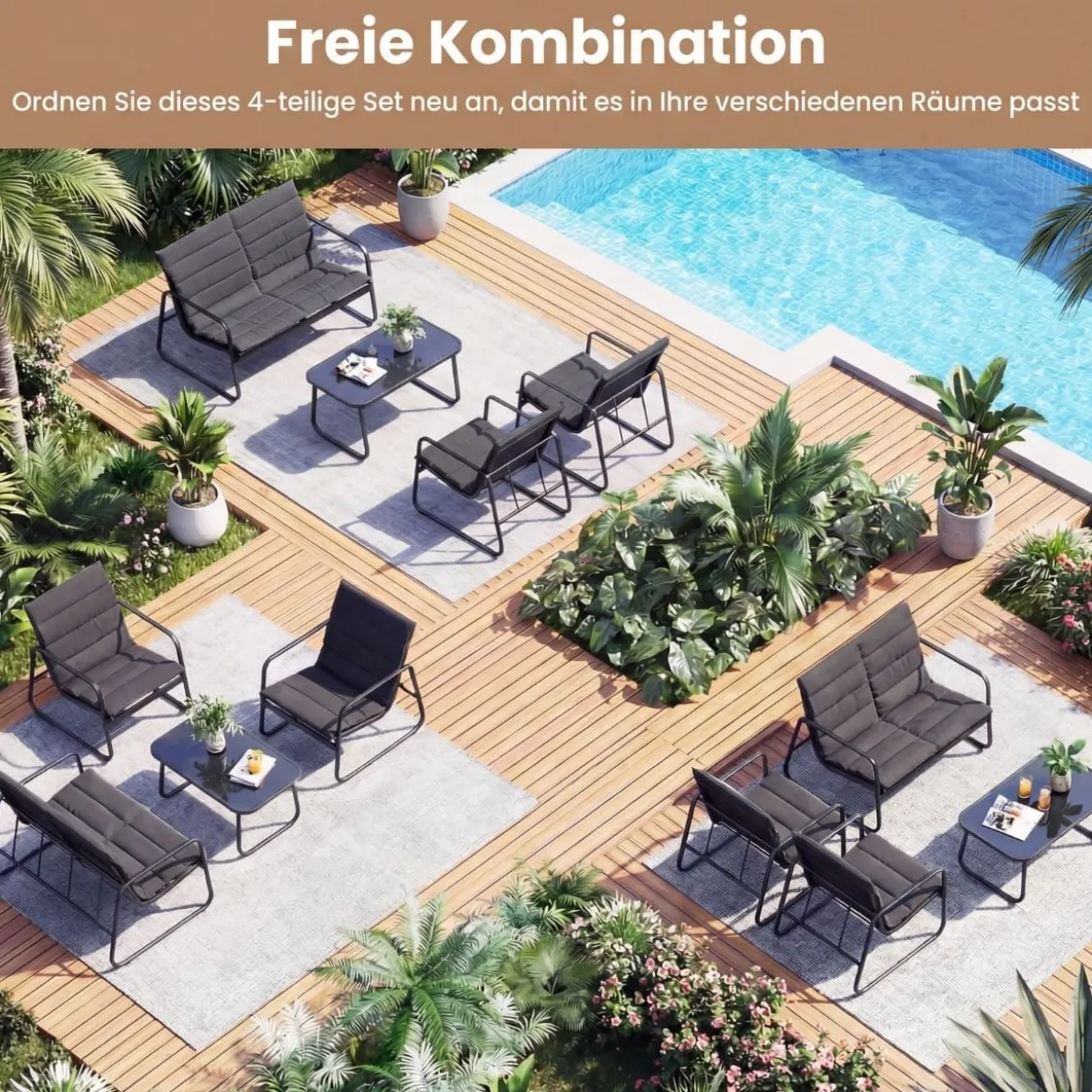 Gartenmöbel Set mit 2 Stühlen & Bank & Tisch & Kissen Outdoor Lounge Möbel Sitzgruppe Grau