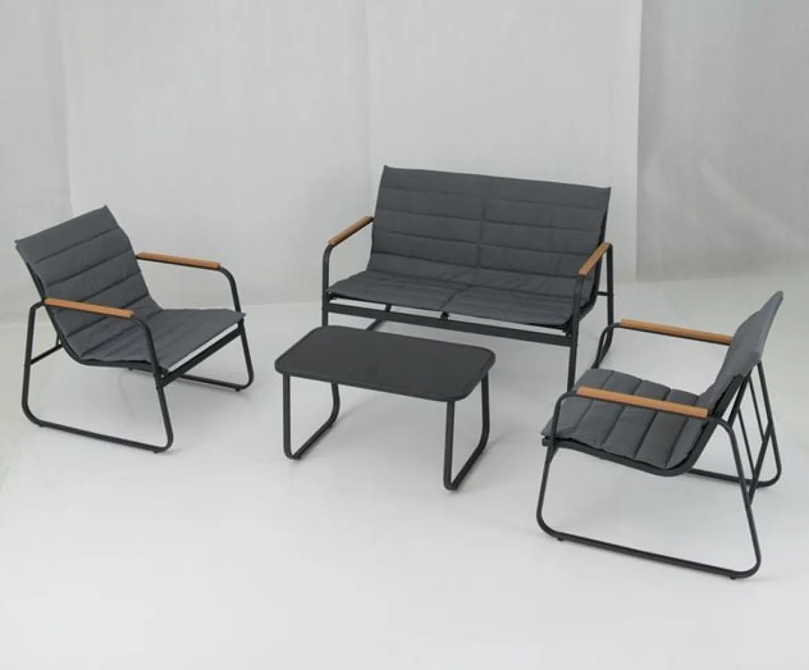 Gartenmöbel Set mit 2 Stühlen & Bank & Tisch & Kissen Outdoor Lounge Möbel Sitzgarnitur Grau