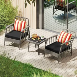 Gartenmöbel Set Polyrattan Balkonmöbel mit 5-stufig Verstellbarer Rückenlehne Rattan Terassenmöbel Tisch