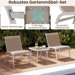 Gartenmöbel Set 3-teilig Balkonset mit 2 Stühlen & Beistelltisch Outdoor Sitzgruppe mit Glasplatte Beige