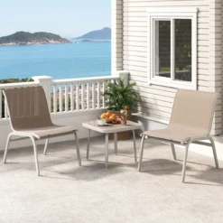 Gartenmöbel Set 3-teilig Balkonset mit 2 Stühlen & Beistelltisch Outdoor Sitzgruppe mit Glasplatte Beige