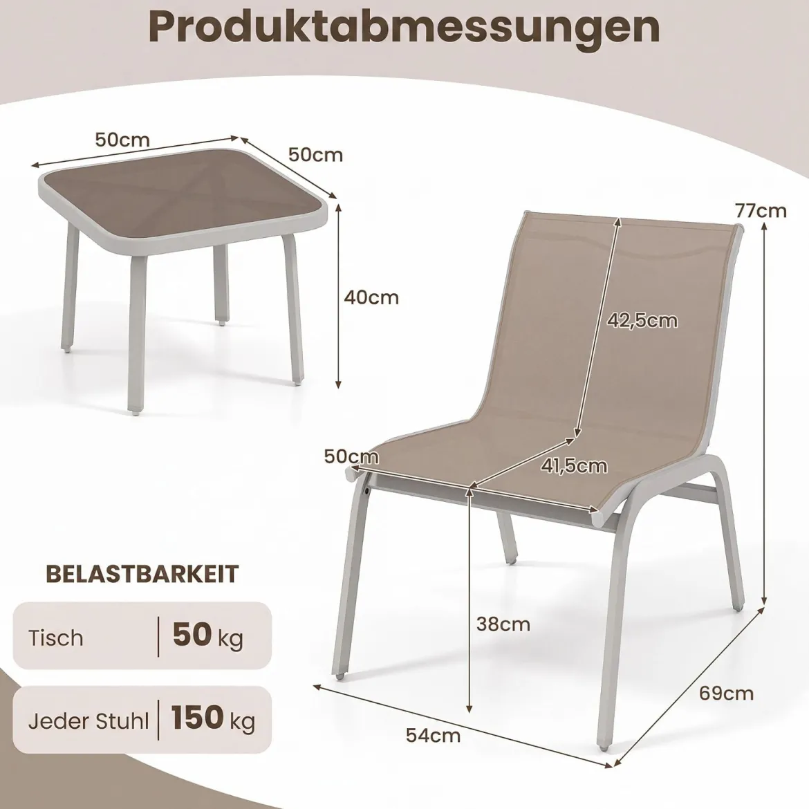 Gartenmöbel Set 3-teilig Balkonset mit 2 Stühlen & Beistelltisch Outdoor Sitzgruppe mit Glasplatte Beige