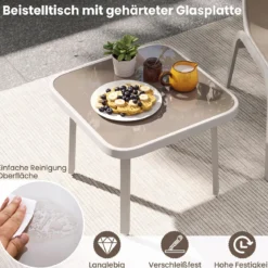 Gartenmöbel Set 3-teilig Balkonset mit 2 Stühlen & Beistelltisch Outdoor Sitzgruppe mit Glasplatte Beige