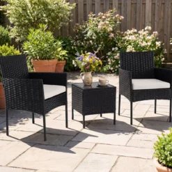 Gartenmöbel Set 3-teiliges Rattan Balkonmöbel mit 2 Stühlen & Gartentisch Beige