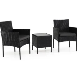 Gartenmöbel Set 3-teiliges Rattan Balkonmöbel mit 2 Stühlen & Gartentisch Outdoor Gartenlounge Schwarz