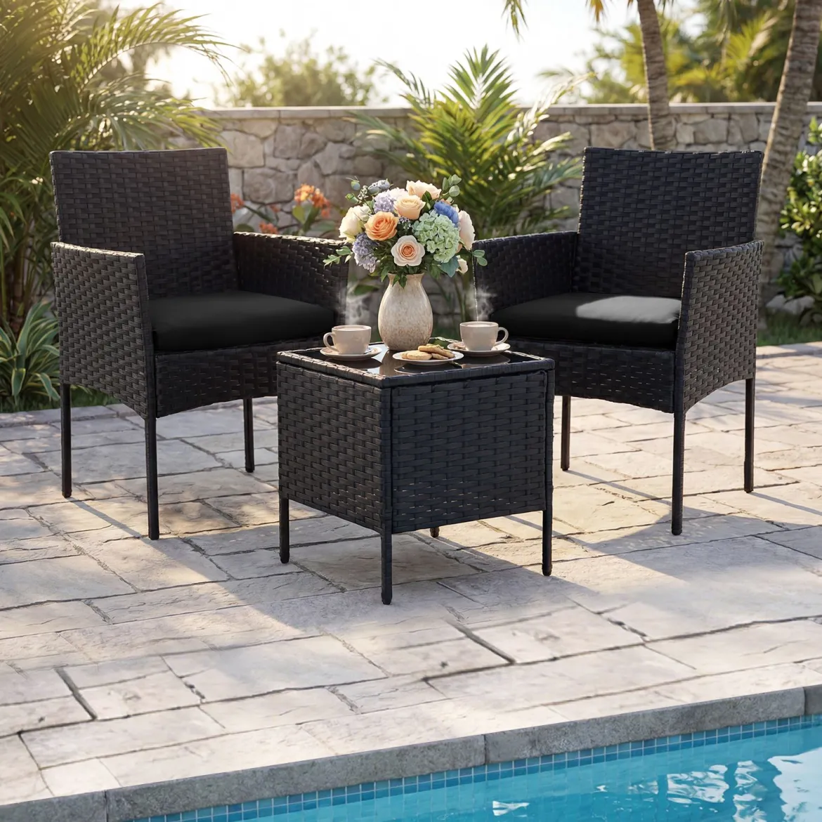 Gartenmöbel Set 3-teiliges Rattan Balkonmöbel mit 2 Stühlen & Gartentisch Outdoor Gartenlounge Schwarz