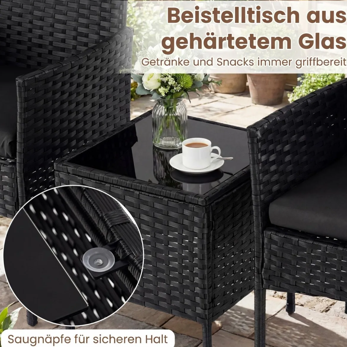 Gartenmöbel Set 3-teiliges Rattan Balkonmöbel mit 2 Stühlen & Gartentisch Outdoor Gartenlounge Schwarz