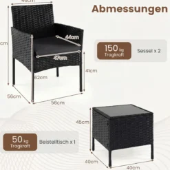 Gartenmöbel Set 3-teiliges Rattan Balkonmöbel mit 2 Stühlen & Gartentisch Outdoor Gartenlounge Schwarz