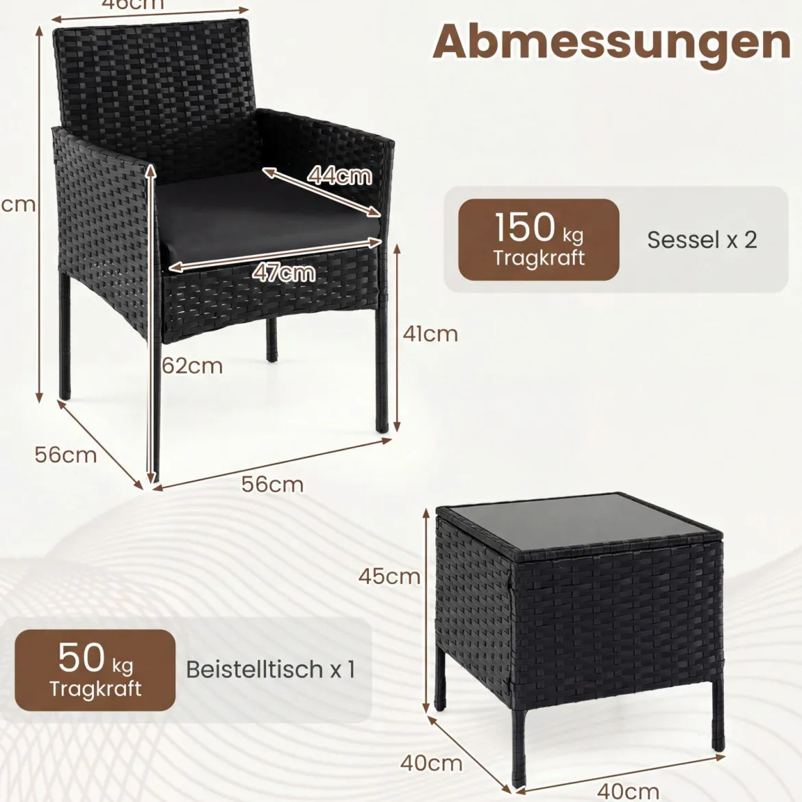 Gartenmöbel Set 3-teiliges Rattan Balkonmöbel mit 2 Stühlen & Gartentisch Outdoor Gartenlounge Schwarz