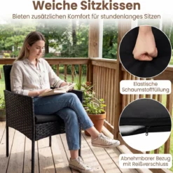 Gartenmöbel Set 3-teiliges Rattan Balkonmöbel mit 2 Stühlen & Gartentisch Outdoor Gartenlounge Schwarz