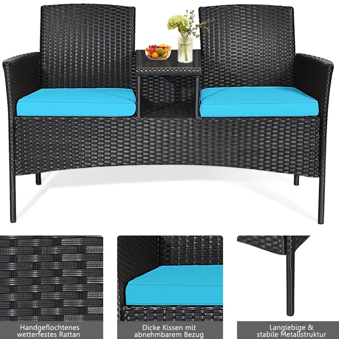 Gartenmöbel-Set Terrassensofa mit Tisch aus Glas 138 x 62 x 85 cm Türkis