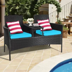 Gartenmöbel-Set Terrassensofa mit Tisch aus Glas 138 x 62 x 85 cm Türkis