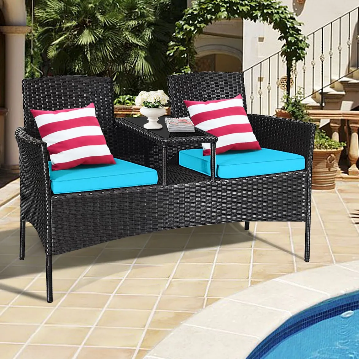 Gartenmöbel-Set Terrassensofa mit Tisch aus Glas 138 x 62 x 85 cm Türkis