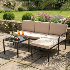 Gartenmöbel 3-teiliges Balkonmöbel mit 2-Sitzer Sofa L-förmigem Sofa & Couchtisch Khaki