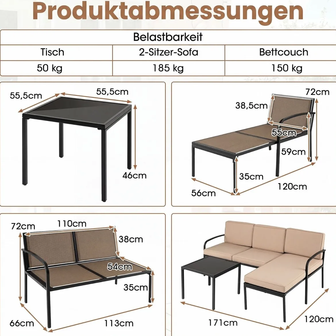 Gartenmöbel 3-teiliges Balkonmöbel mit 2-Sitzer Sofa L-förmigem Sofa & Couchtisch Khaki