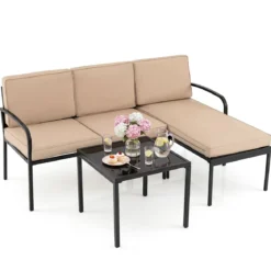 Gartenmöbel 3-teiliges Balkonmöbel mit 2-Sitzer Sofa L-förmigem Sofa & Couchtisch Khaki