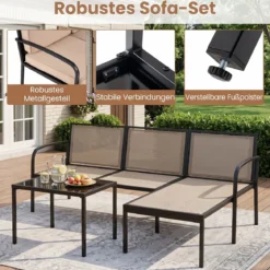 Gartenmöbel 3-teiliges Balkonmöbel mit 2-Sitzer Sofa L-förmigem Sofa & Couchtisch Khaki
