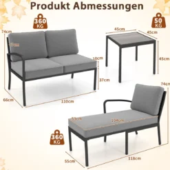 Gartenmöbel 3-teiliges Balkonmöbel mit 2-Sitzer Sofa L-förmigem Sofa & Couchtisch Grau