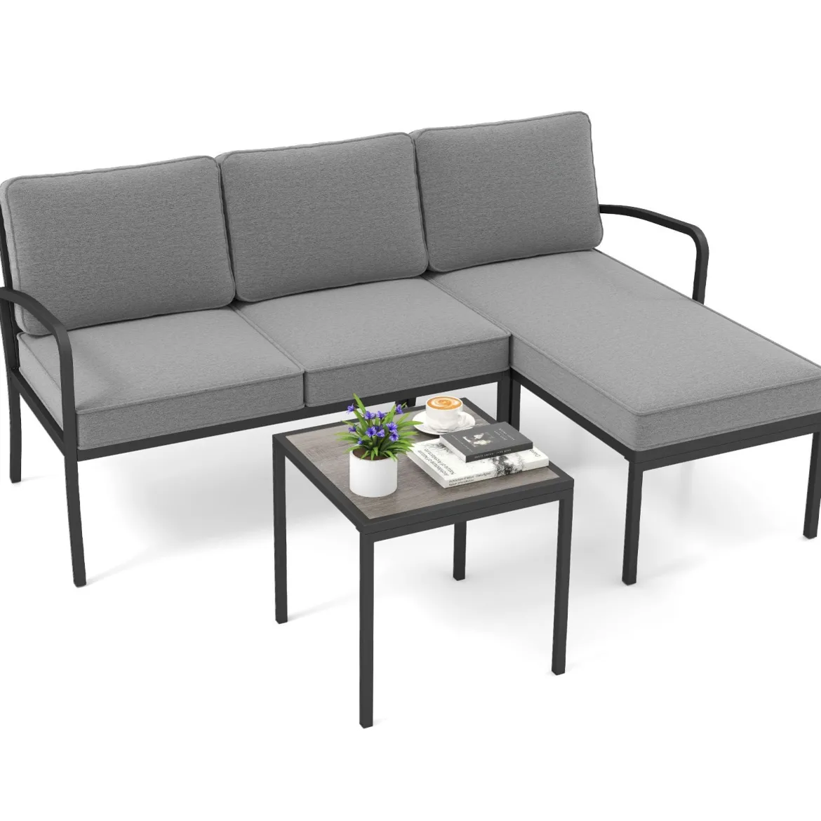 Gartenmöbel 3-teiliges Balkonmöbel mit 2-Sitzer Sofa L-förmigem Sofa & Couchtisch Grau