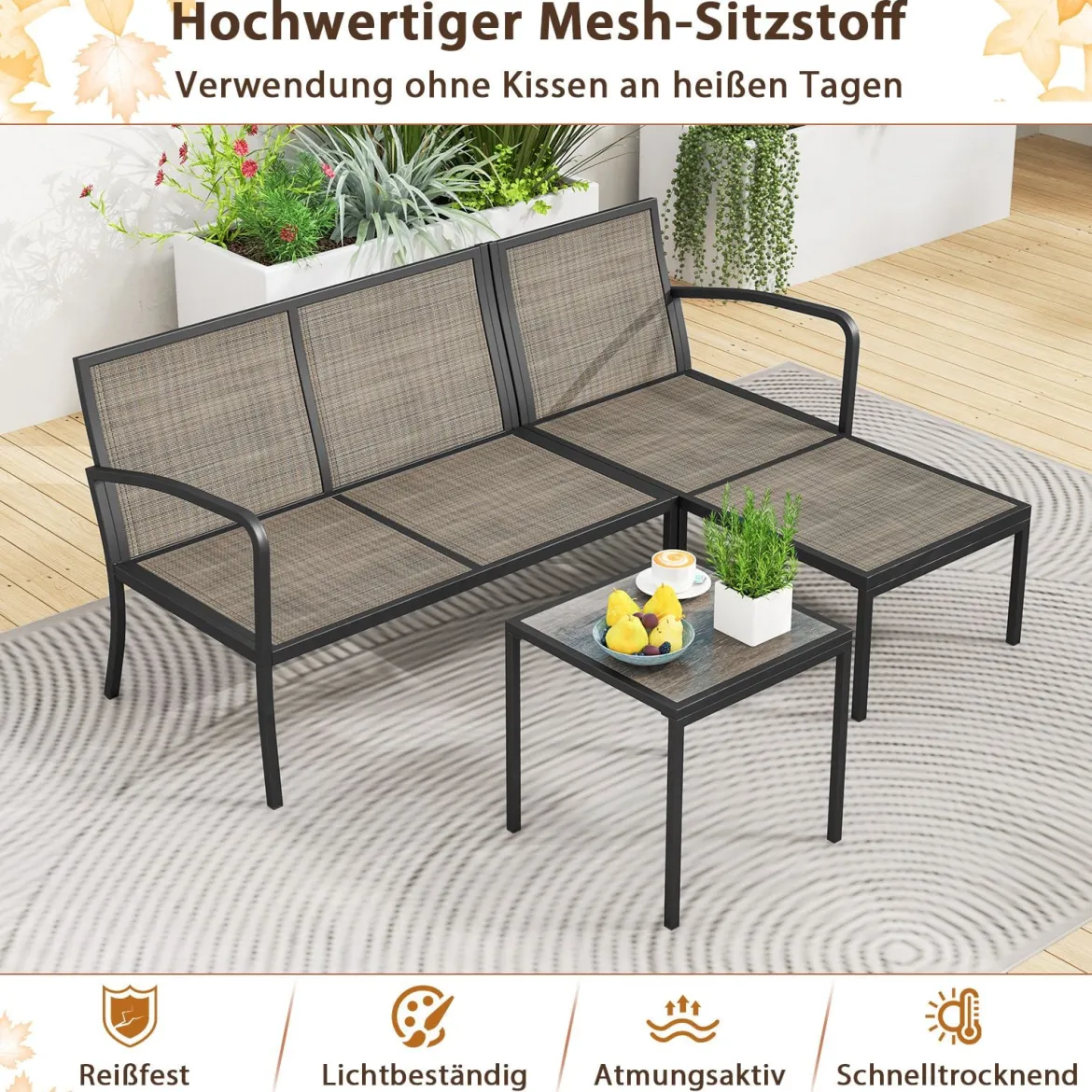 Gartenmöbel 3-teiliges Balkonmöbel mit 2-Sitzer Sofa L-förmigem Sofa & Couchtisch Grau