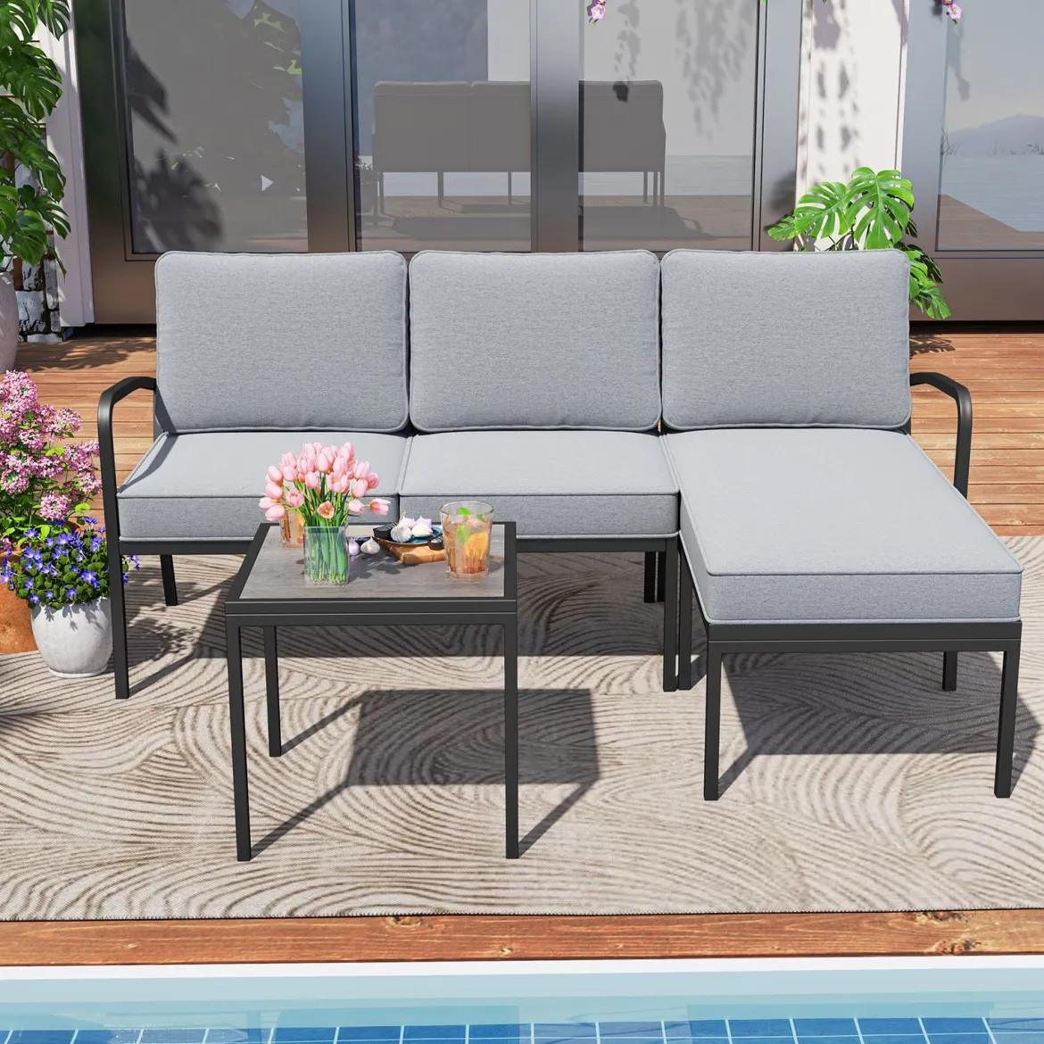Gartenmöbel 3-teiliges Balkonmöbel mit 2-Sitzer Sofa L-förmigem Sofa & Couchtisch Grau