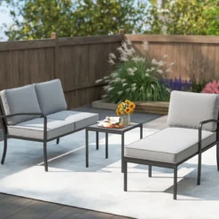 Gartenmöbel 3-teiliges Balkonmöbel mit 2-Sitzer Sofa L-förmigem Sofa & Couchtisch Grau