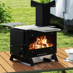 Gartenofen zum Kochen Campingofen mit Topfgestell & Ofenpfanne & 2 Grills Holzofen mit Sichtfenster