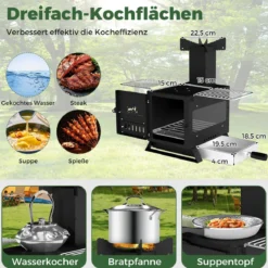 Gartenofen zum Kochen Campingofen mit Topfgestell & Ofenpfanne & 2 Grills Holzofen mit Sichtfenster