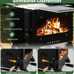 Gartenofen zum Kochen Campingofen mit Topfgestell & Ofenpfanne & 2 Grills Holzofen mit Sichtfenster
