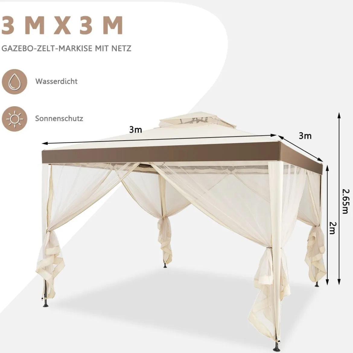 Gartenpavillon Gartenzelt CampingPartyzelt mit 4 Seitenwänden 300 x 300 x 265 cm