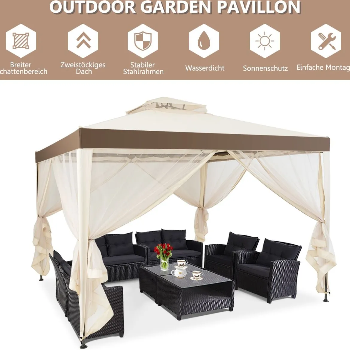 Gartenpavillon Gartenzelt CampingPartyzelt mit 4 Seitenwänden 300 x 300 x 265 cm