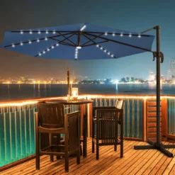 Gartenschirm Kurbelschirm Hängender mit LED Solarlichtern Neigbarer Ampelschirm Blau