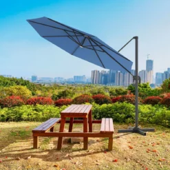 Gartenschirm Kurbelschirm Hängender mit LED Solarlichtern Neigbarer Ampelschirm Blau