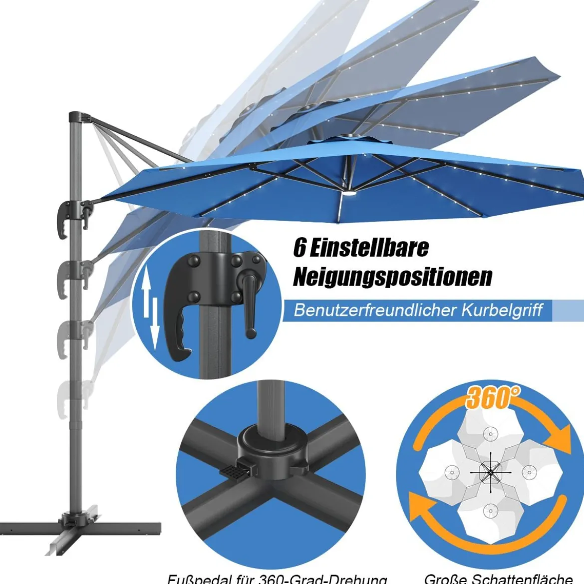 Gartenschirm Kurbelschirm Hängender mit LED Solarlichtern Neigbarer Ampelschirm Blau