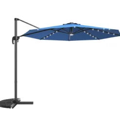 Gartenschirm Kurbelschirm Hängender mit LED Solarlichtern Neigbarer Ampelschirm Blau