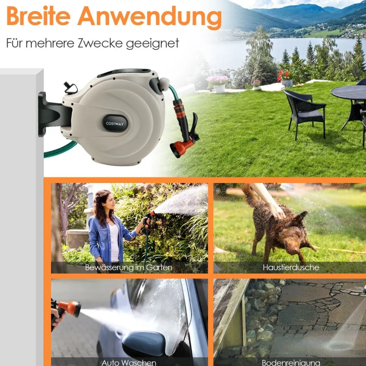 Gartenschlauch-Aufroller mit Wandhalterung 180˚ drehbare Halterung 1/2 Zoll 30m + 2m