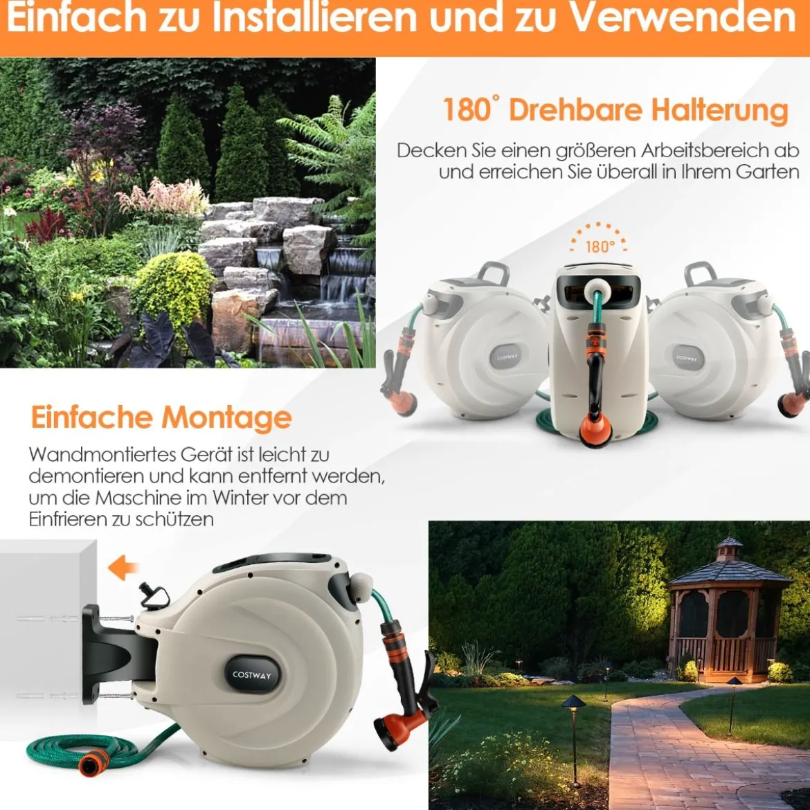 Gartenschlauch-Aufroller mit Wandhalterung 180˚ drehbare Halterung 1/2 Zoll 30m + 2m