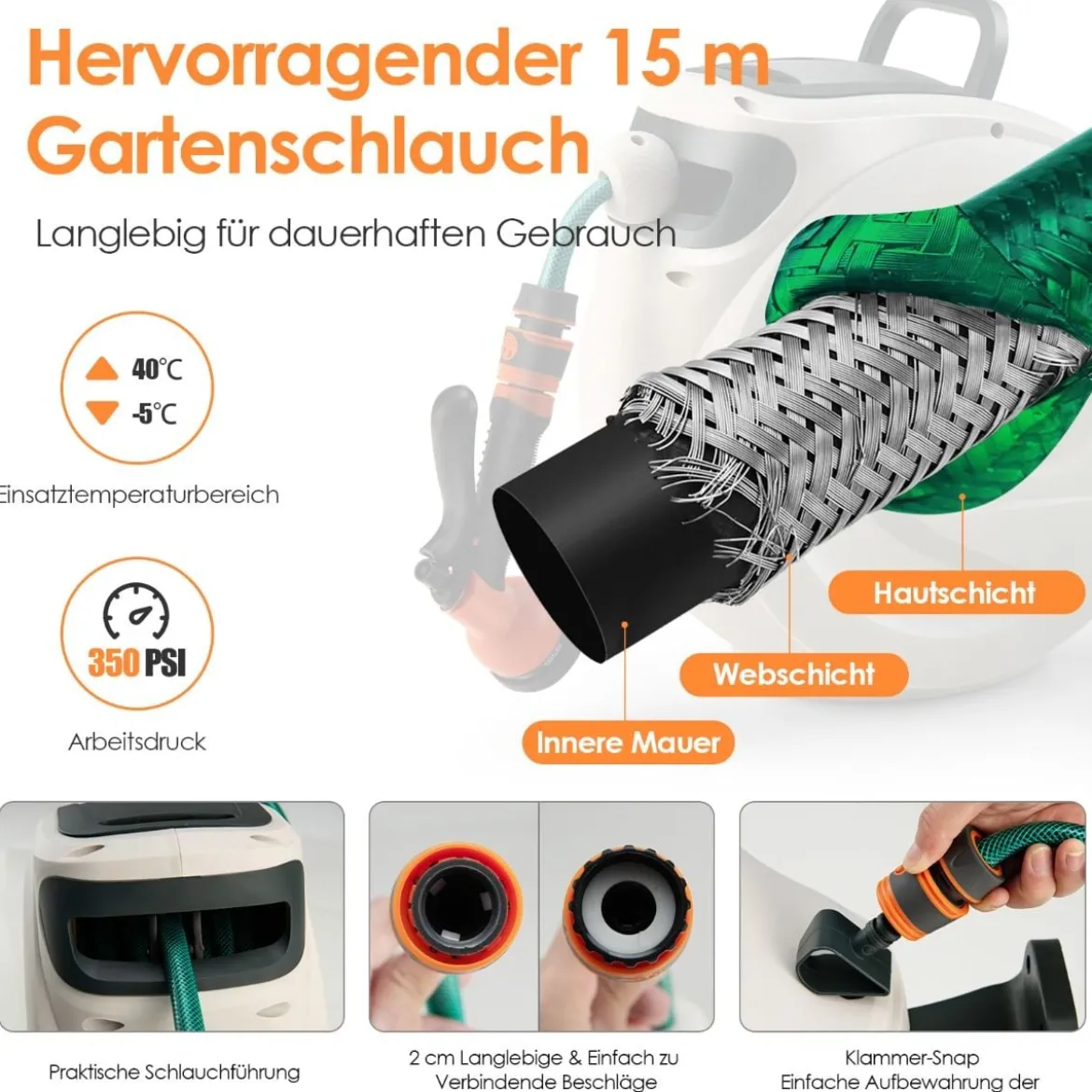 Gartenschlauch-Aufroller mit Wandhalterung 180˚ drehbare Halterung 1/2 Zoll 30m + 2m