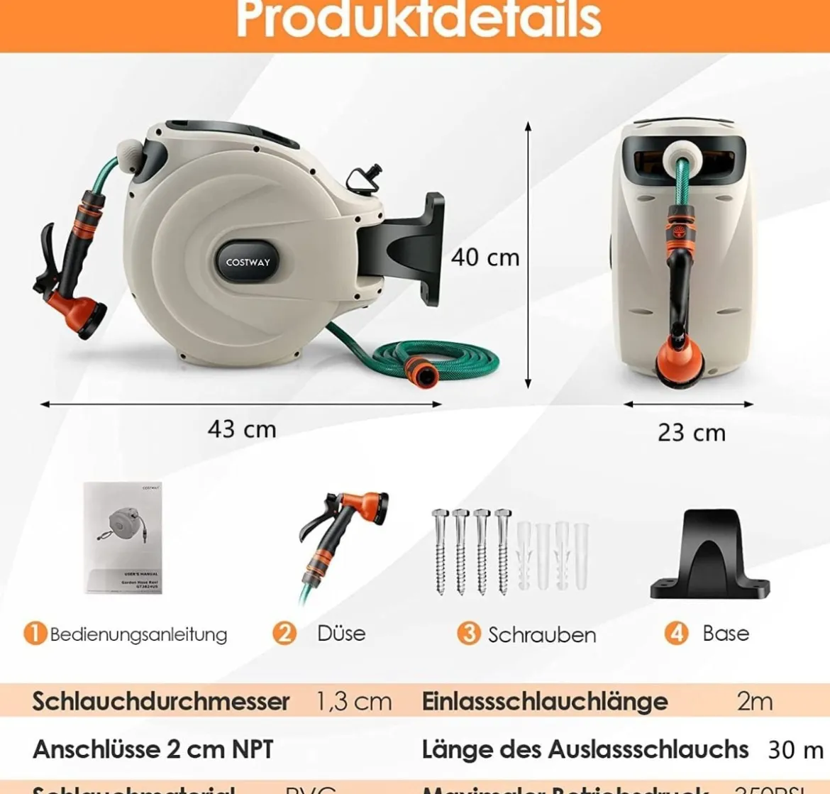 Gartenschlauch-Aufroller mit Wandhalterung 180˚ drehbare Halterung 1/2 Zoll 30m + 2m