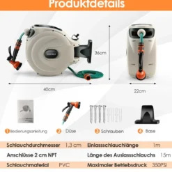 Gartenschlauch-Aufroller mit Wandhalterung 180˚ drehbare Halterung 1/2 Zoll 15m + 1m