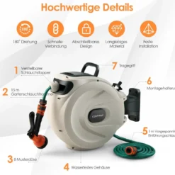 Gartenschlauch-Aufroller mit Wandhalterung 180˚ drehbare Halterung 1/2 Zoll 15m + 1m