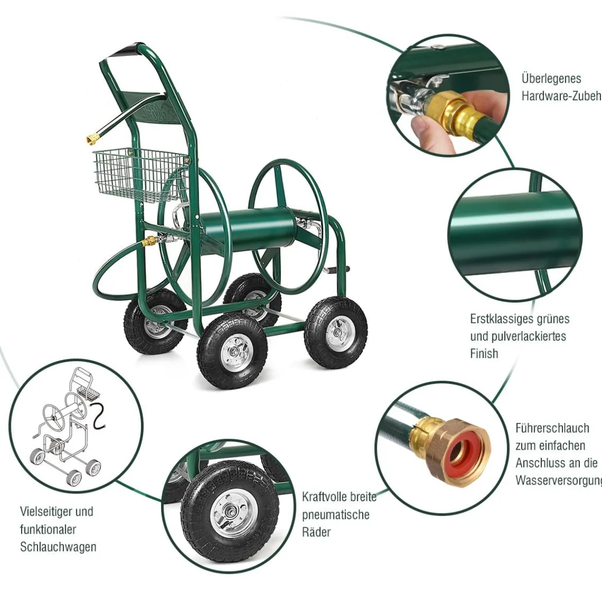 Garten Schlauchwagen Schlauchaufroller Schlauchtrommel mit Korb Grün Metall 96 x 62 x 113 cm