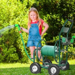 Garten Schlauchwagen Schlauchaufroller Schlauchtrommel mit Korb Grün Metall 96 x 62 x 113 cm