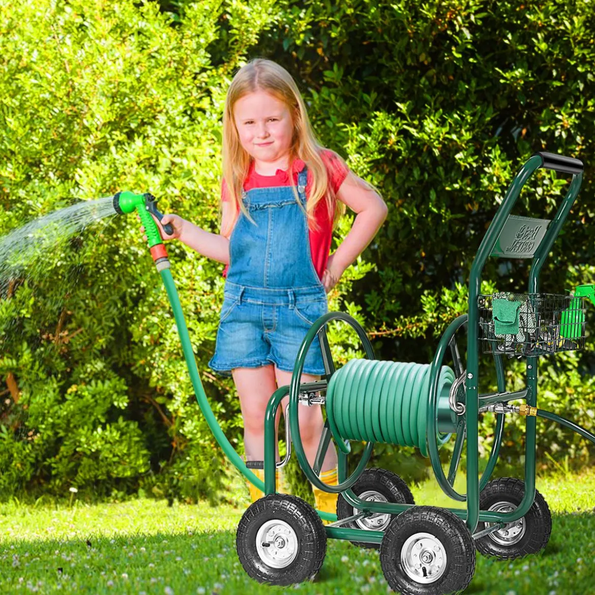 Garten Schlauchwagen Schlauchaufroller Schlauchtrommel mit Korb Grün Metall 96 x 62 x 113 cm