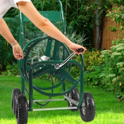 Garten Schlauchwagen Schlauchaufroller Schlauchtrommel mit Korb Grün Metall 96 x 62 x 113 cm