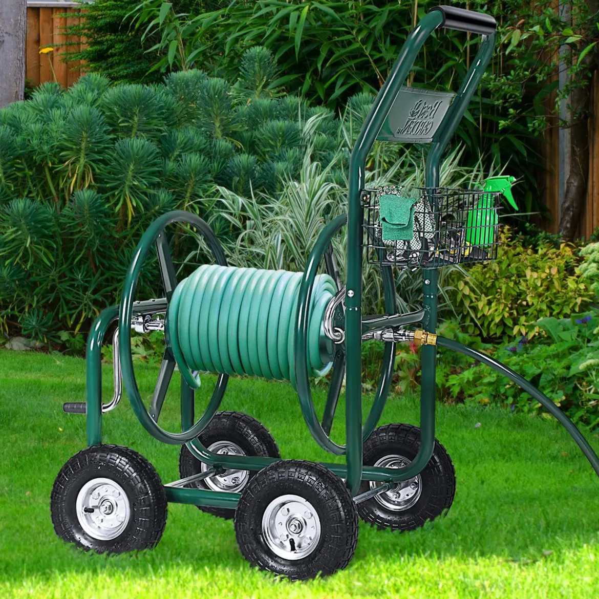 Garten Schlauchwagen Schlauchaufroller Schlauchtrommel mit Korb Grün Metall 96 x 62 x 113 cm