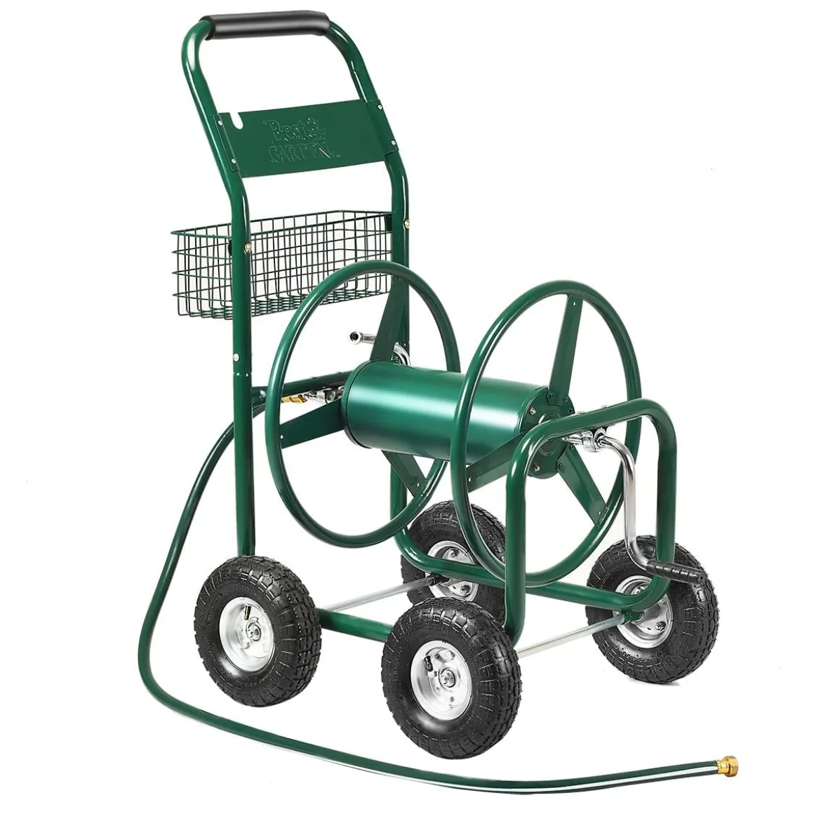 Garten Schlauchwagen Schlauchaufroller Schlauchtrommel mit Korb Grün Metall 96 x 62 x 113 cm