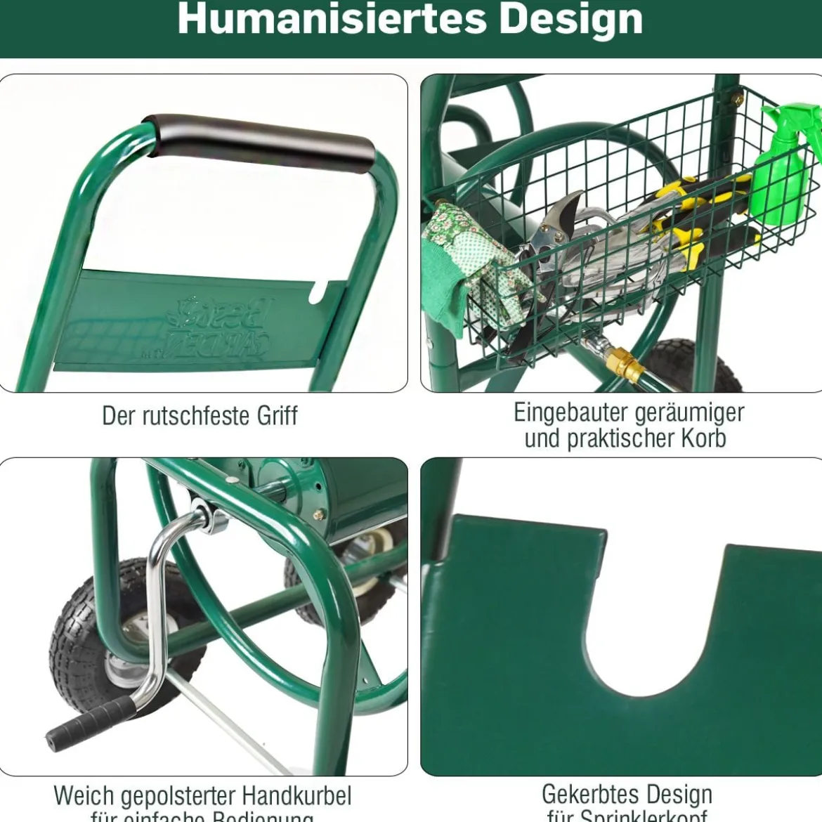 Garten Schlauchwagen Schlauchaufroller Schlauchtrommel mit Korb Grün Metall 96 x 62 x 113 cm